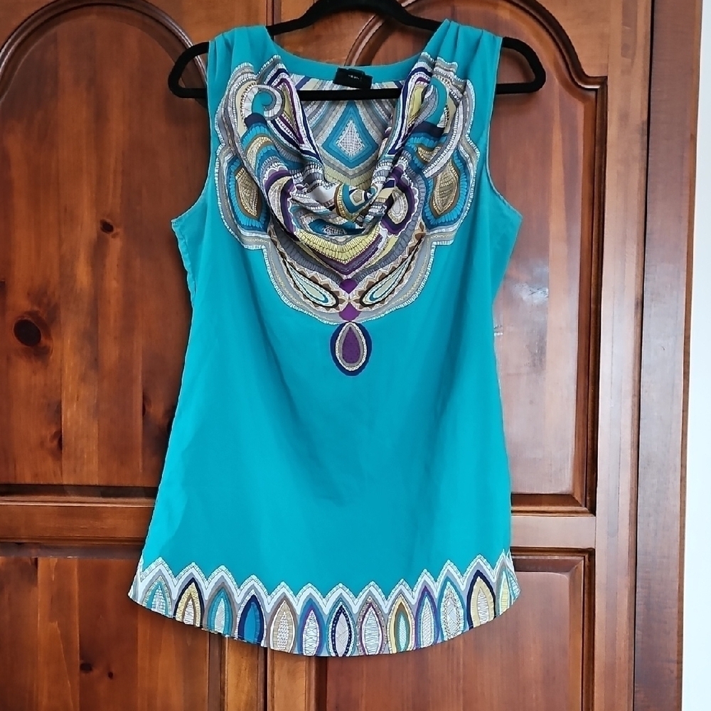 Nicole Miller Paisley Embellished, Colorful Teal Sleeveless Blouse, Sz L